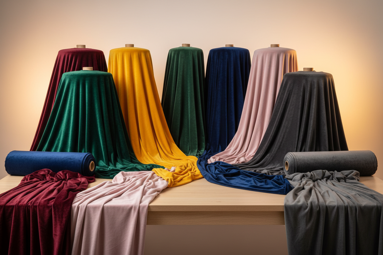 Diverse Samt Stoffe, wie sie im Näh und Stick Atelier Berlin-Köpenick und im Onlineshop erworben werden können.