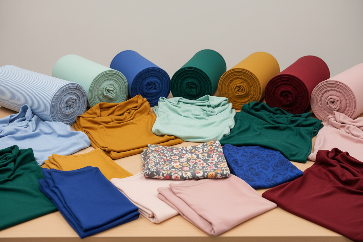 Unterschiedliche Jersey Stoffe, wie sie auch im Näh und Stick Atelier Berlin-Köpenick oder im Onlineshop erworben werden können.