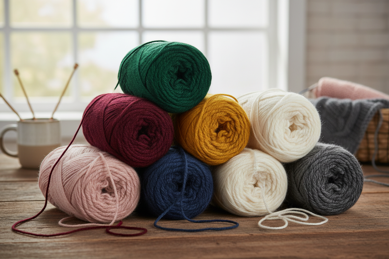 Verschiedene Woll-Garn-Rollen, wie sie auch im Näh und Stick Atelier Berlin-Köpenick und im Onlineshop erworben werden können.