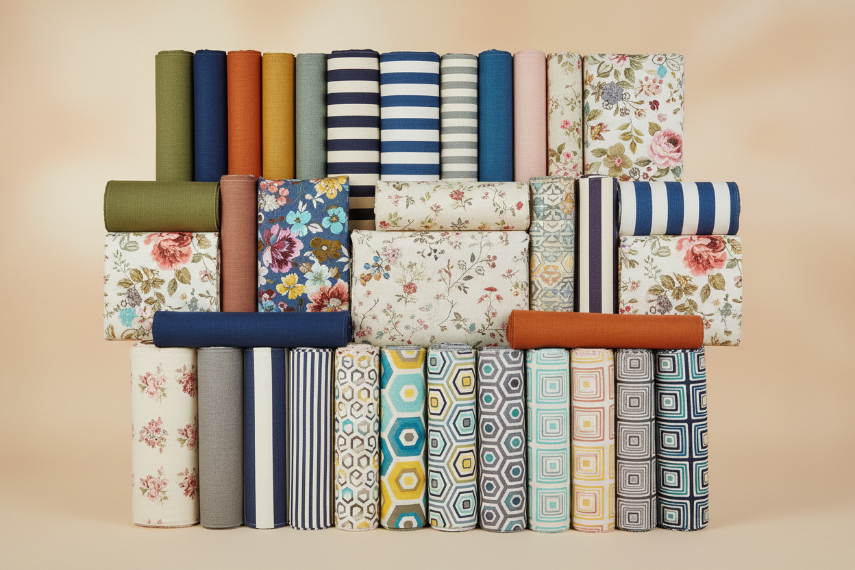 Verschiedene Canvas Stoffbahnen, wie sie im Näh und Stick Atelier Berlin-Köpenick und im Online Shop erwaorben werden können.