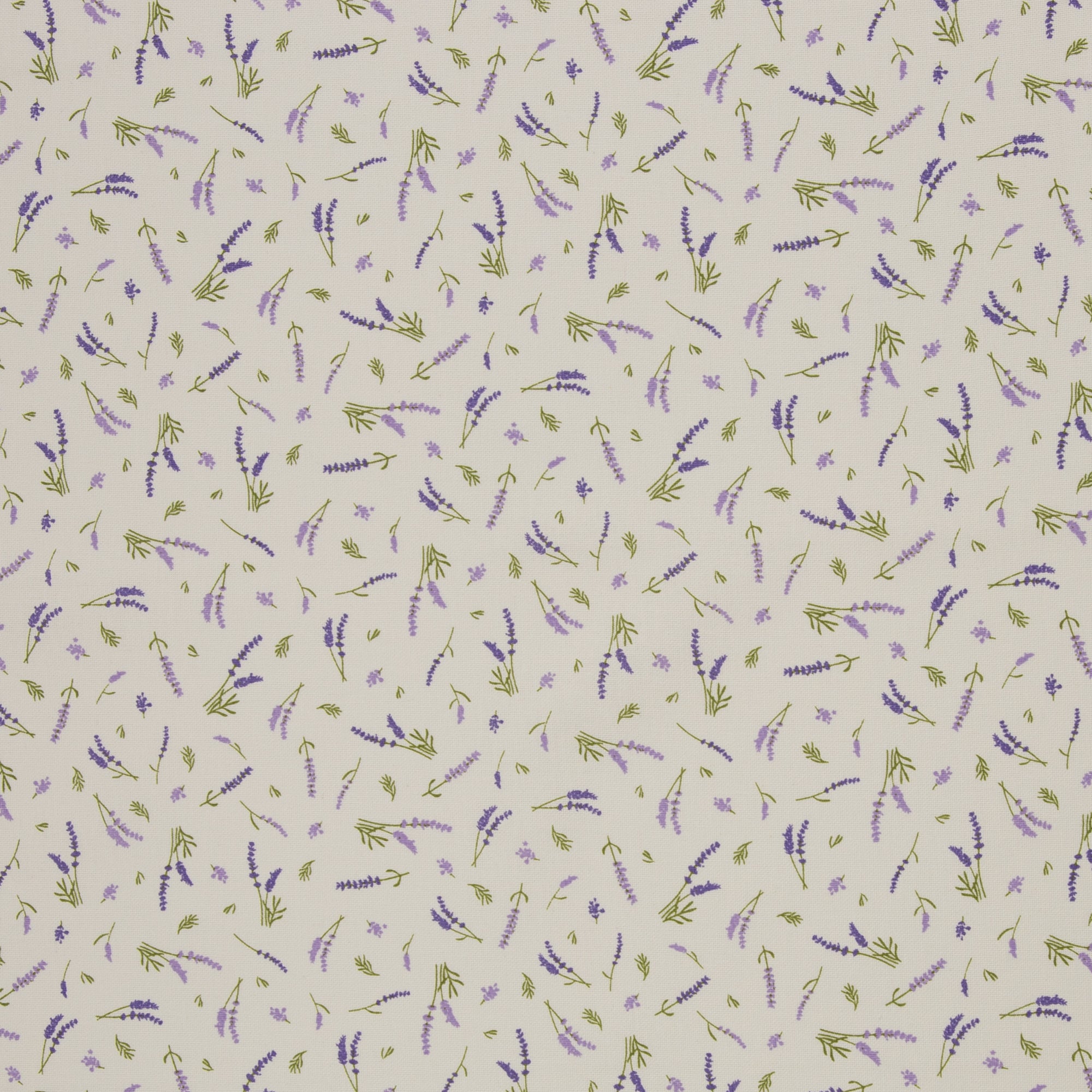 Zu sehen ist ein hochwertiger Deko-Baumwollstoff in cream mit einem floralen Muster aus Lavendelblumen, der durch seine angenehme Haptik und stabile Webart ideal für kreative Näh- und Deko-Projekte geeignet ist.