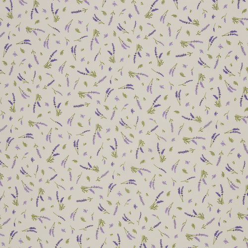 Zu sehen ist ein hochwertiger Deko-Baumwollstoff in cream mit einem floralen Muster aus Lavendelblumen, der durch seine angenehme Haptik und stabile Webart ideal für kreative Näh- und Deko-Projekte geeignet ist.