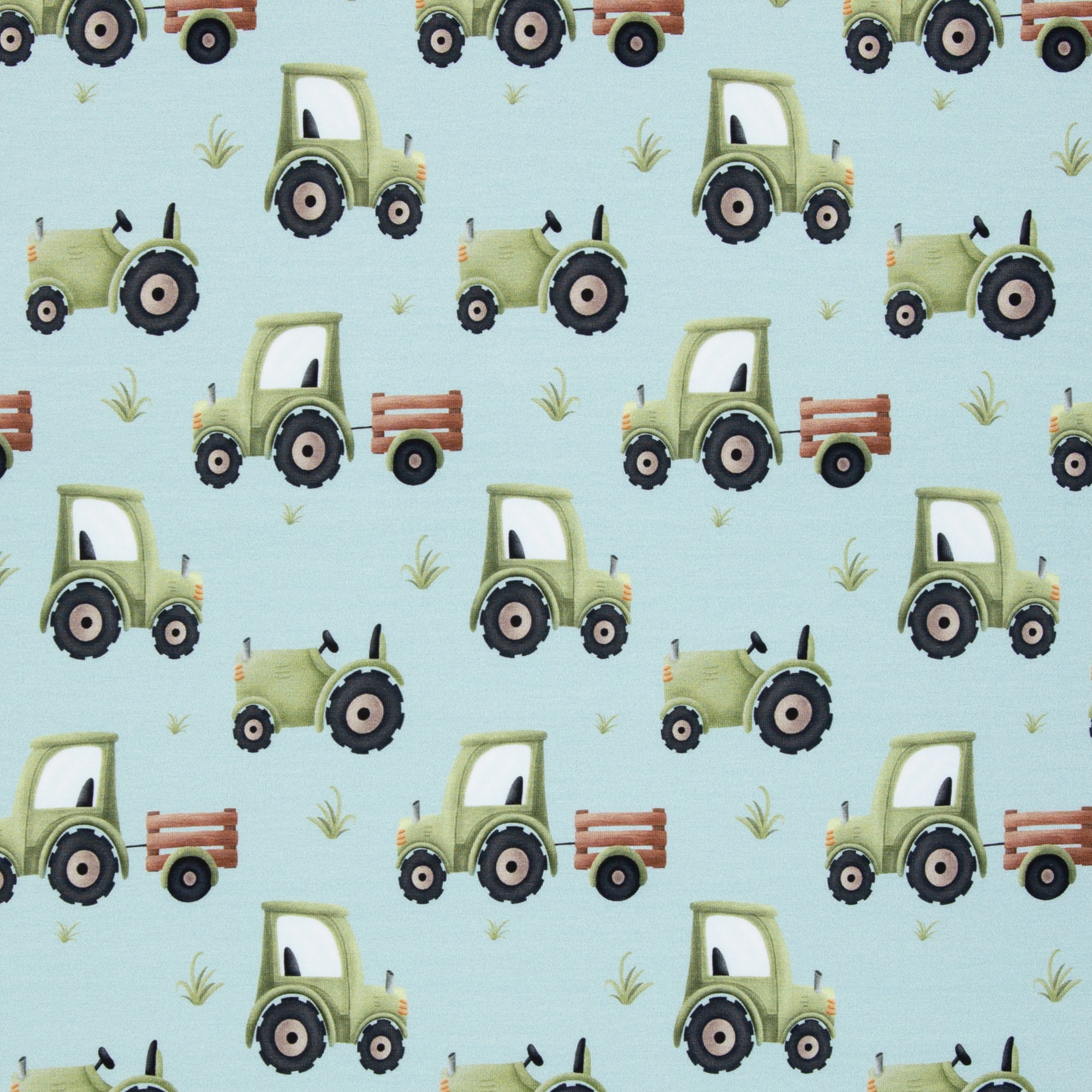 Zu sehen ist ein weicher, elastischer Baumwolljersey-Stoff in blau mit einem kindgerechten Muster aus Trucks, LKWs und weiteren Fahrzeugmotiven, der durch seine glatte und dehnbare Oberfläche ideal für Kleidung, Accessoires und kreative DIY-Projekte geeignet ist.