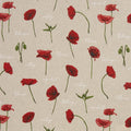 Zu sehen ist ein hochwertiger Deko-Baumwollstoff in beige mit roten Mohnblumen und kleinem weißen Schriftmuster, der durch seine angenehme Haptik und stabile Webart ideal für kreative Näh- und Deko-Projekte geeignet ist.