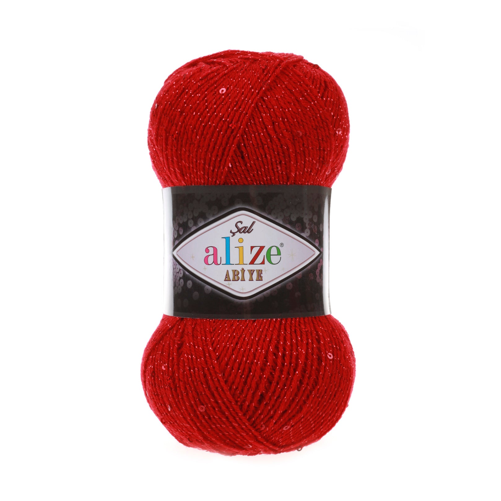 Zu sehen ist Alize Sal Abiye Wolle in einem kräftigen, glänzenden Rotton mit funkelnden Pailletten und Metallic‑Effekt; ein weiches, leicht schimmerndes Garn, ideal für Schals, Accessoires und elegante Handarbeitsprojekte.