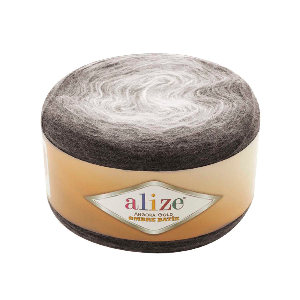 Zu sehen ist Alize Angora Gold Ombre Batik Wolle mit Farbverlauf von Grau zu Schwarz, weiches Strickgarn für Pullover und Schals.