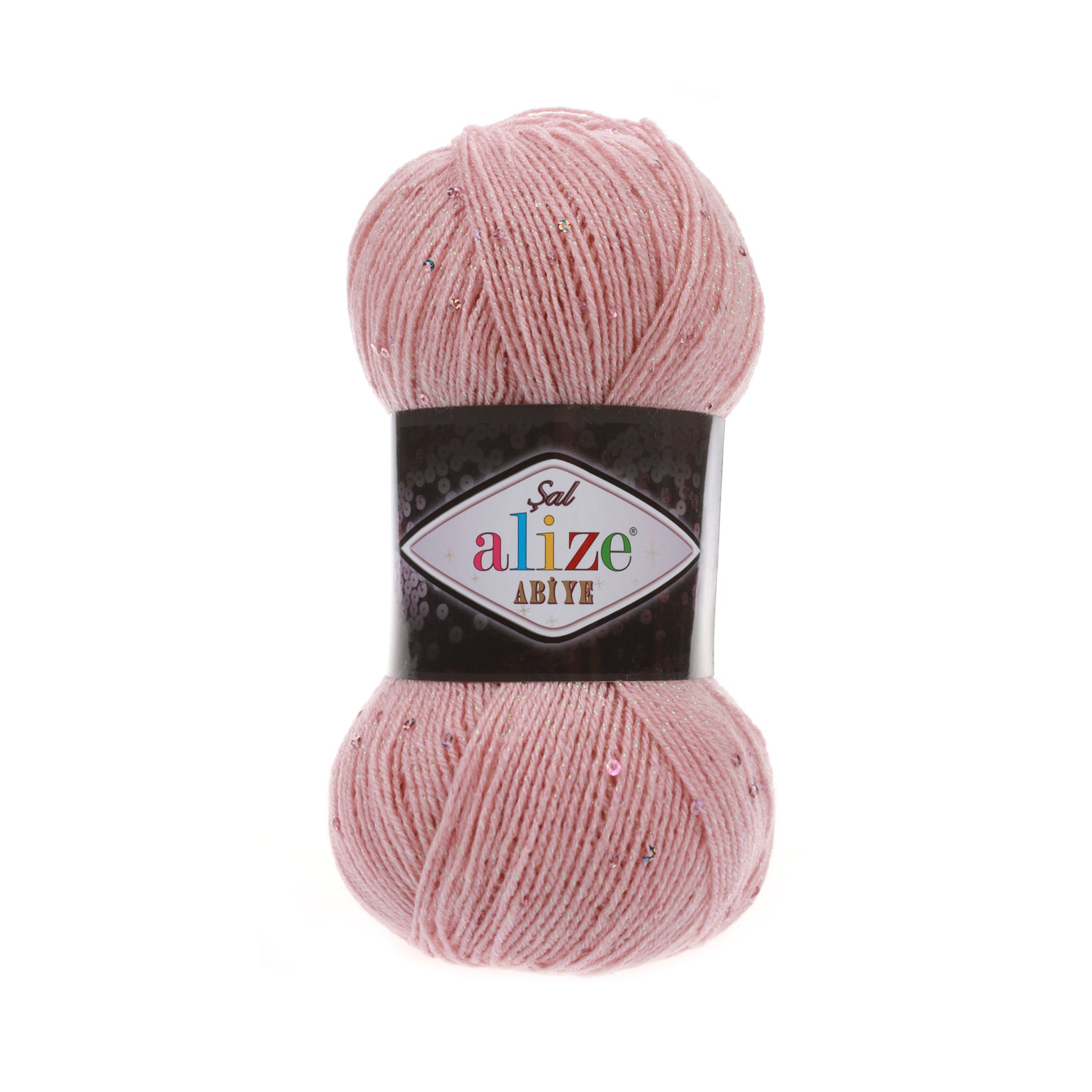 Zu sehen ist Alize Sal Abiye Wolle in einem zarten Puderrosa (Pudra) mit funkelndem Schimmer und Pailletten; ein leicht glitzerndes Garn mit Metallic‑Effekt, ideal für elegante Schals, Accessoires und besondere Handarbeitsprojekte.