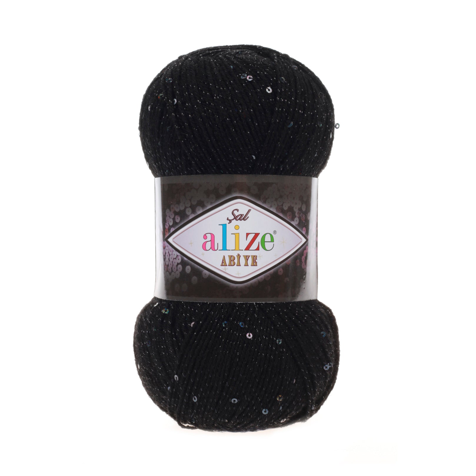 Zu sehen ist Alize Sal Abiye Wolle in einem satten Schwarz mit funkelndem Schimmer und Pailletten; ein leicht glitzerndes Garn mit Metallic‑Effekt, ideal für elegante Schals, Accessoires und besondere Handarbeitsprojekte.