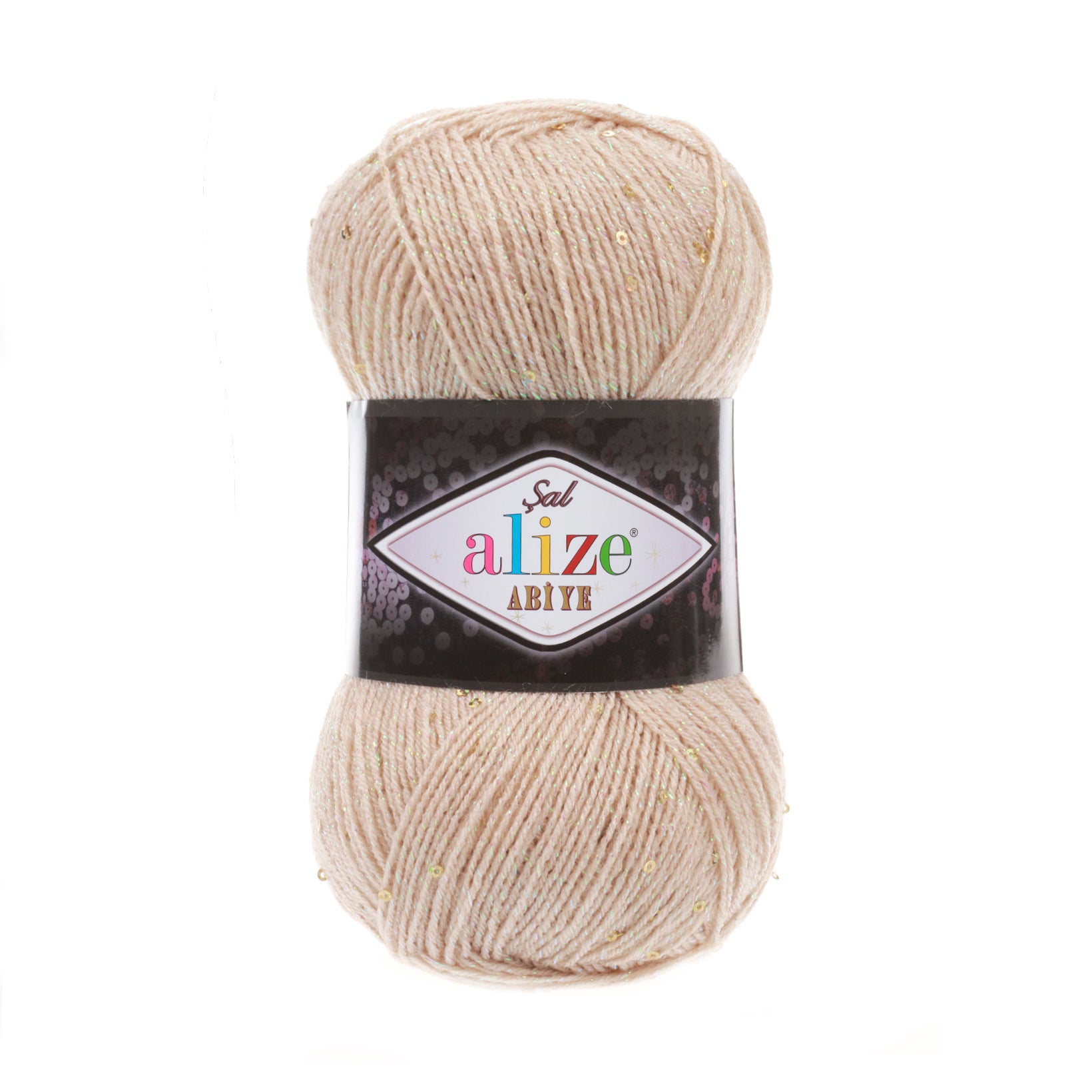 Zu sehen ist Alize Sal Abiye Wolle in einem warmen, hellen Goldton mit funkelndem Schimmer und Metallic‑Effekt; ein leicht glitzerndes Garn mit Pailletten, ideal für Schals, Accessoires und elegante, besondere Handarbeitsprojekte.