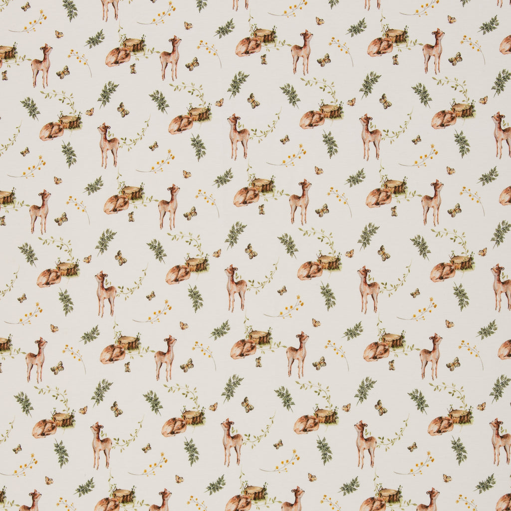Zu sehen ist weißer Baumwolljersey mit Reh- und Waldmotiven, elastisch und ideal für Kinderkleidung und DIY-Nähprojekte.