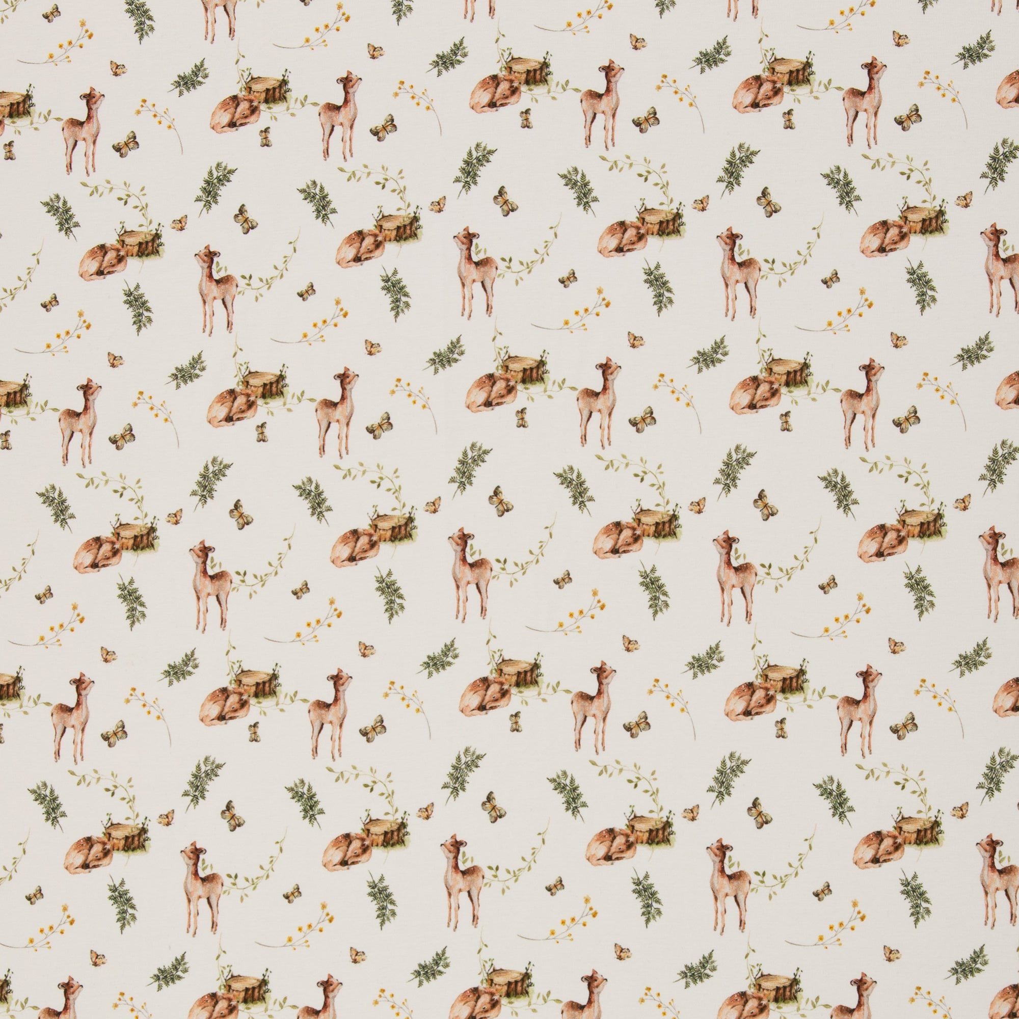 Zu sehen ist weißer Baumwolljersey mit Reh- und Waldmotiven, elastisch und ideal für Kinderkleidung und DIY-Nähprojekte.