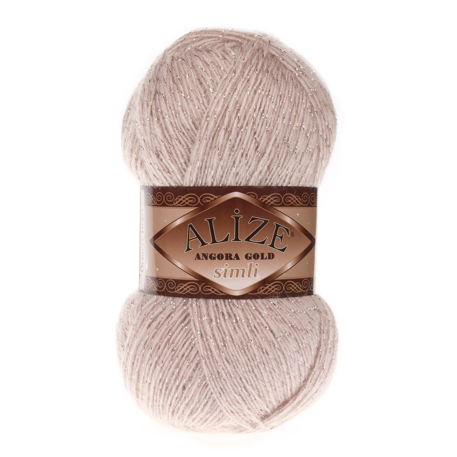 Zu sehen ist Alize Angora Gold Simli Wolle in einem zarten Rosaton, weiches Strickgarn mit Glitzerfaden für Pullover und Schals.