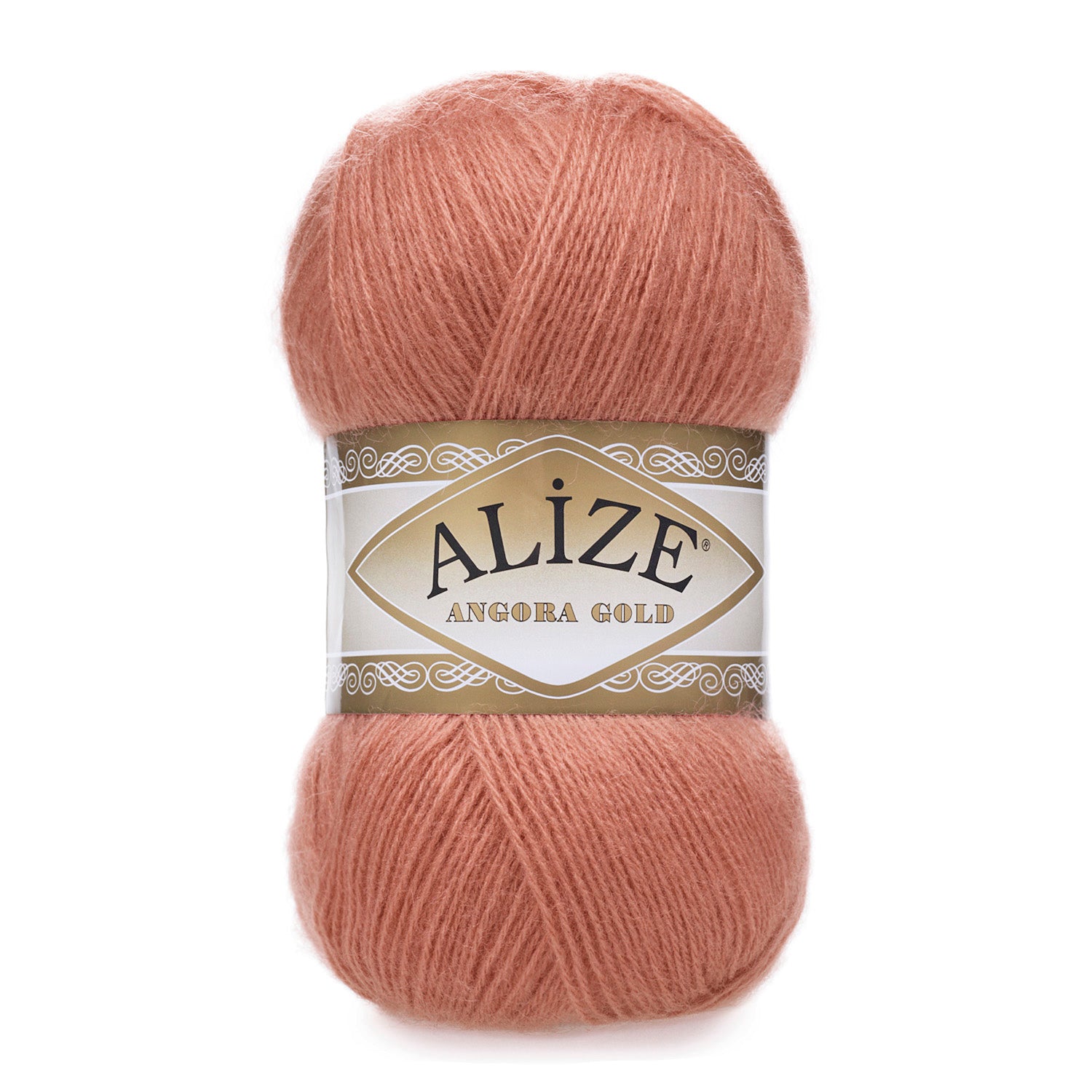 Zu sehen ist Alize Angora Gold Wolle in einem warmen Korallton, weiches, leicht flauschiges Strickgarn, ideal für Pullover, Schals und kreative Handarbeitsprojekte.