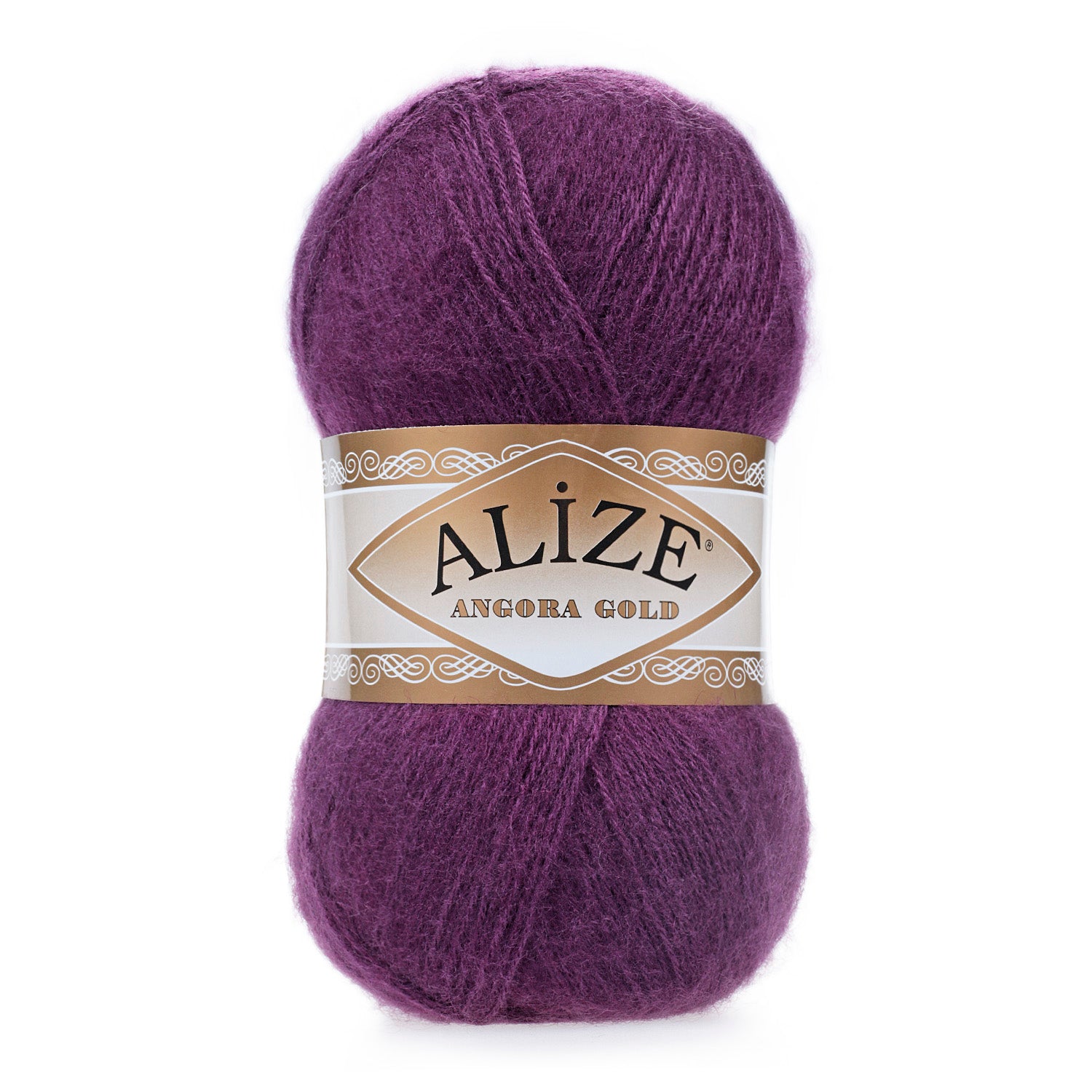 Zu sehen ist Alize Angora Gold Wolle in einem tiefen Dunkellilaton; weiches, leicht flauschiges Strickgarn, ideal für Pullover, Schals und kreative Handarbeitsprojekte.