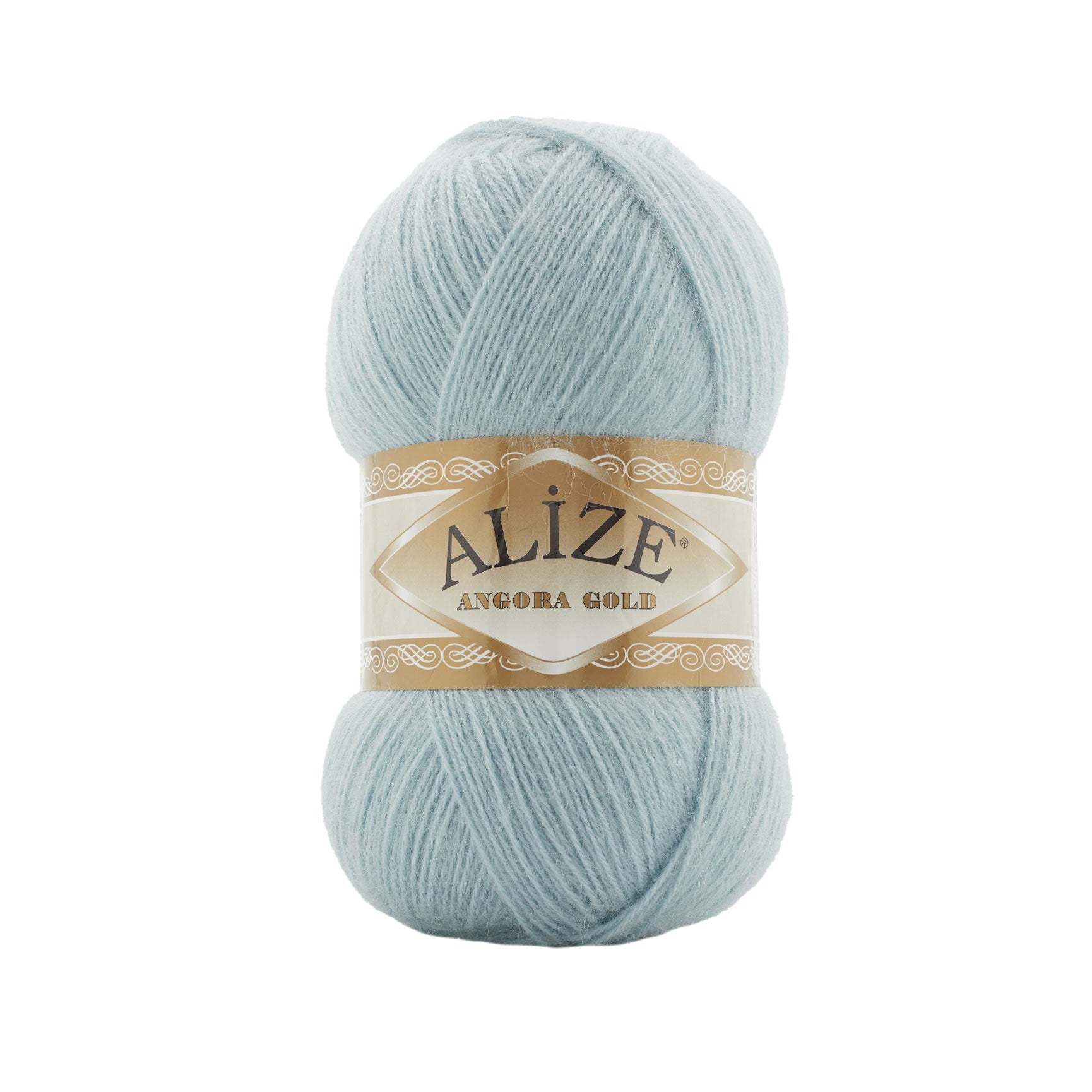 Zu sehen ist Alize Angora Gold Wolle in zarten Mintton mit weichem, leicht flauschigem Griff; fein strukturiertes Strickgarn, ideal für leichte Pullover, Schals und kreative Handarbeitsprojekte.