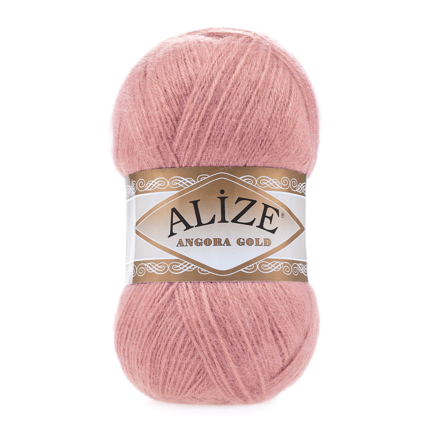 Zu sehen ist Alize Angora Gold Wolle in einem zarten Pastell‑Roséton; weiches, leicht flauschiges Strickgarn, ideal für Pullover, Schals und kreative Handarbeitsprojekte.
