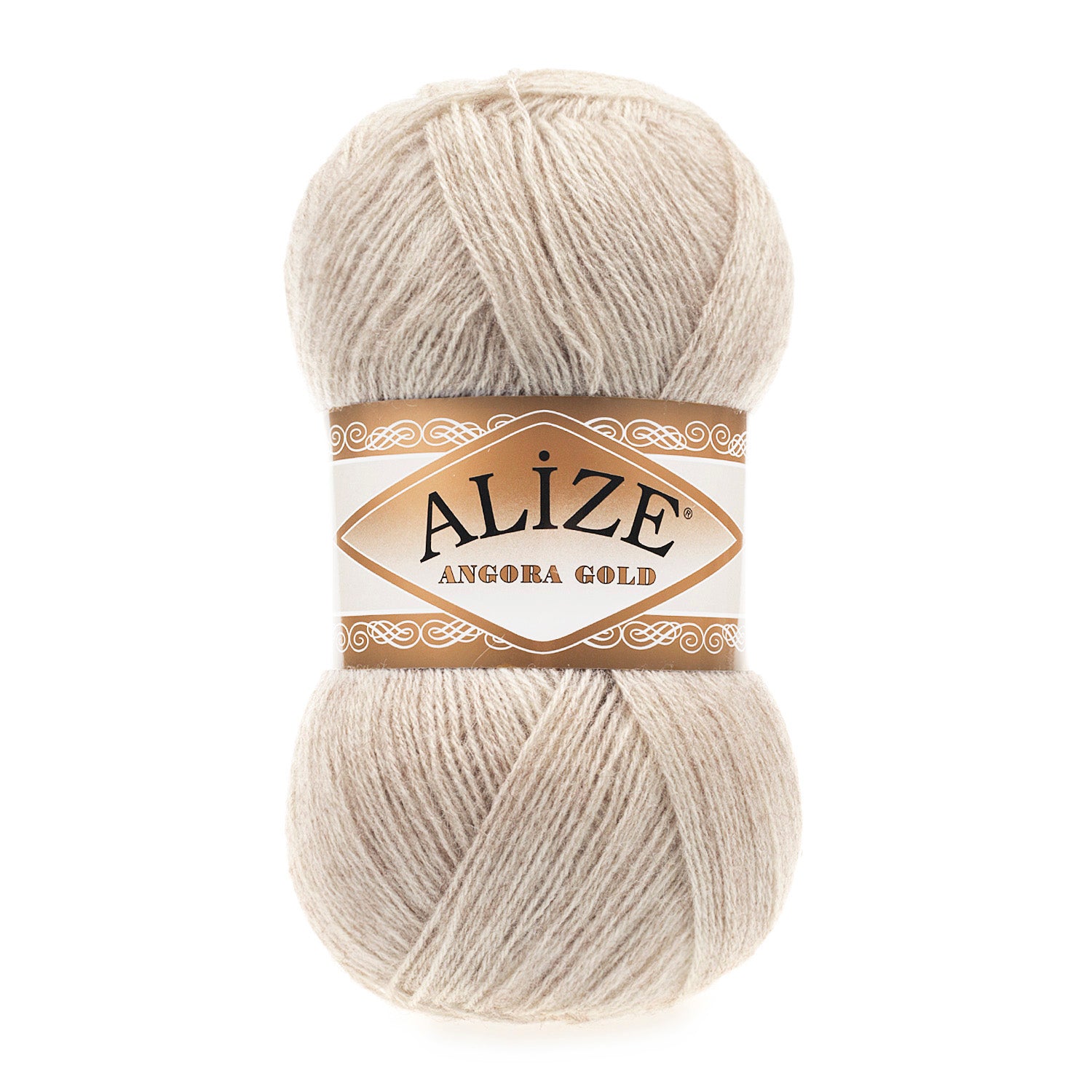 Zu sehen ist Alize Angora Gold Wolle in einem zarten Beigeton; weiches, leicht flauschiges Strickgarn, ideal für Pullover, Schals und kreative Handarbeitsprojekte.
