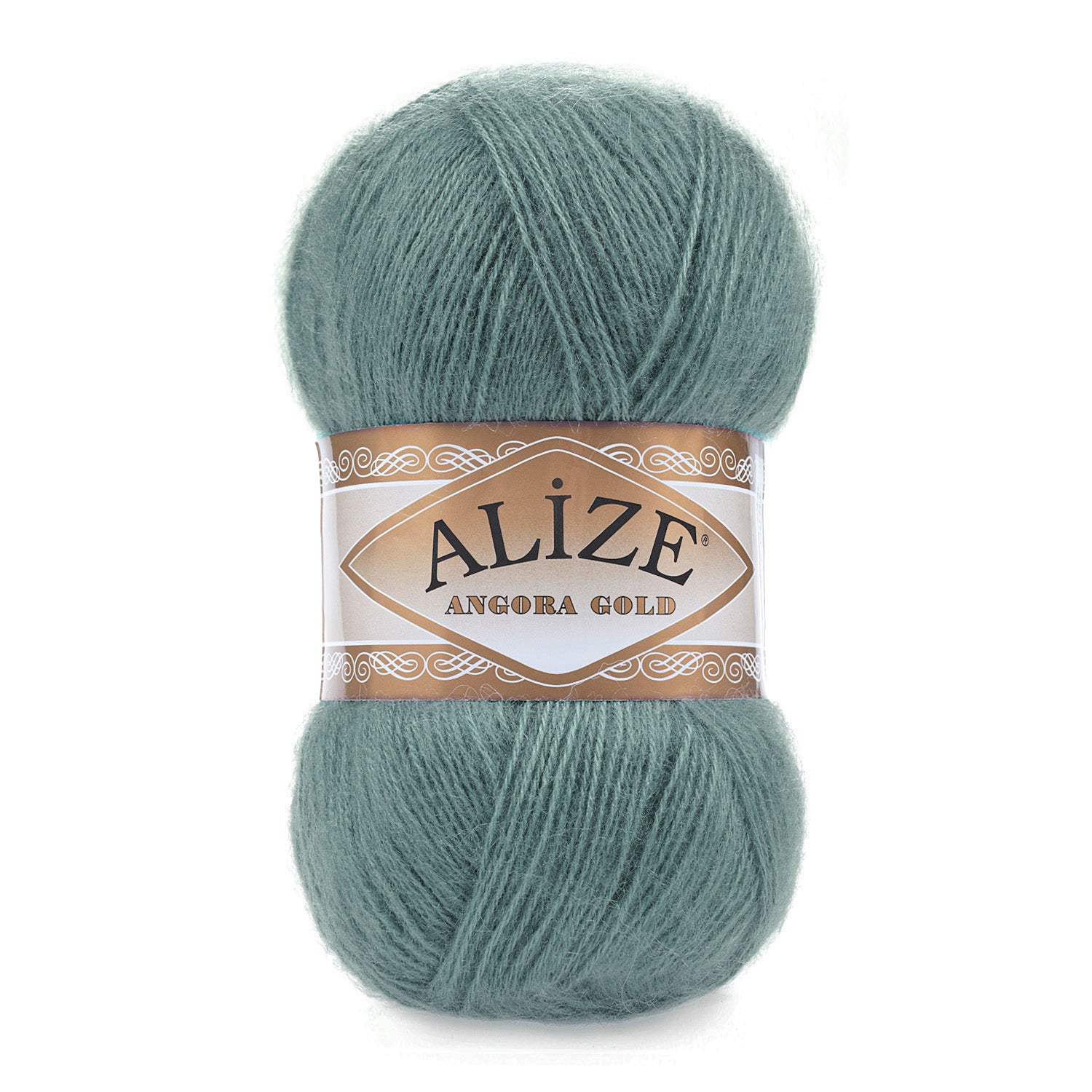 Zu sehen ist Alize Angora Gold Wolle in einem kräftigen Moosgrün; weiches, leicht flauschiges Strickgarn, ideal für Pullover, Schals und kreative Handarbeitsprojekte.