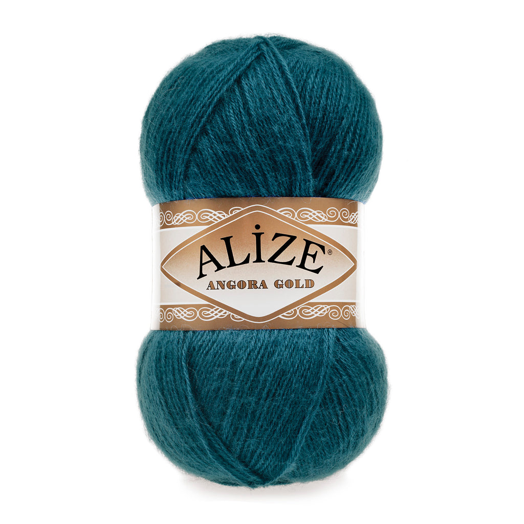Zu sehen ist Alize Angora Gold Wolle in einem kräftigen Petrol‑/Dunkel‑Türkis‑Blau; weiches, leicht flauschiges Strickgarn, ideal für Pullover, Schals und kreative Handarbeitsprojekte.
