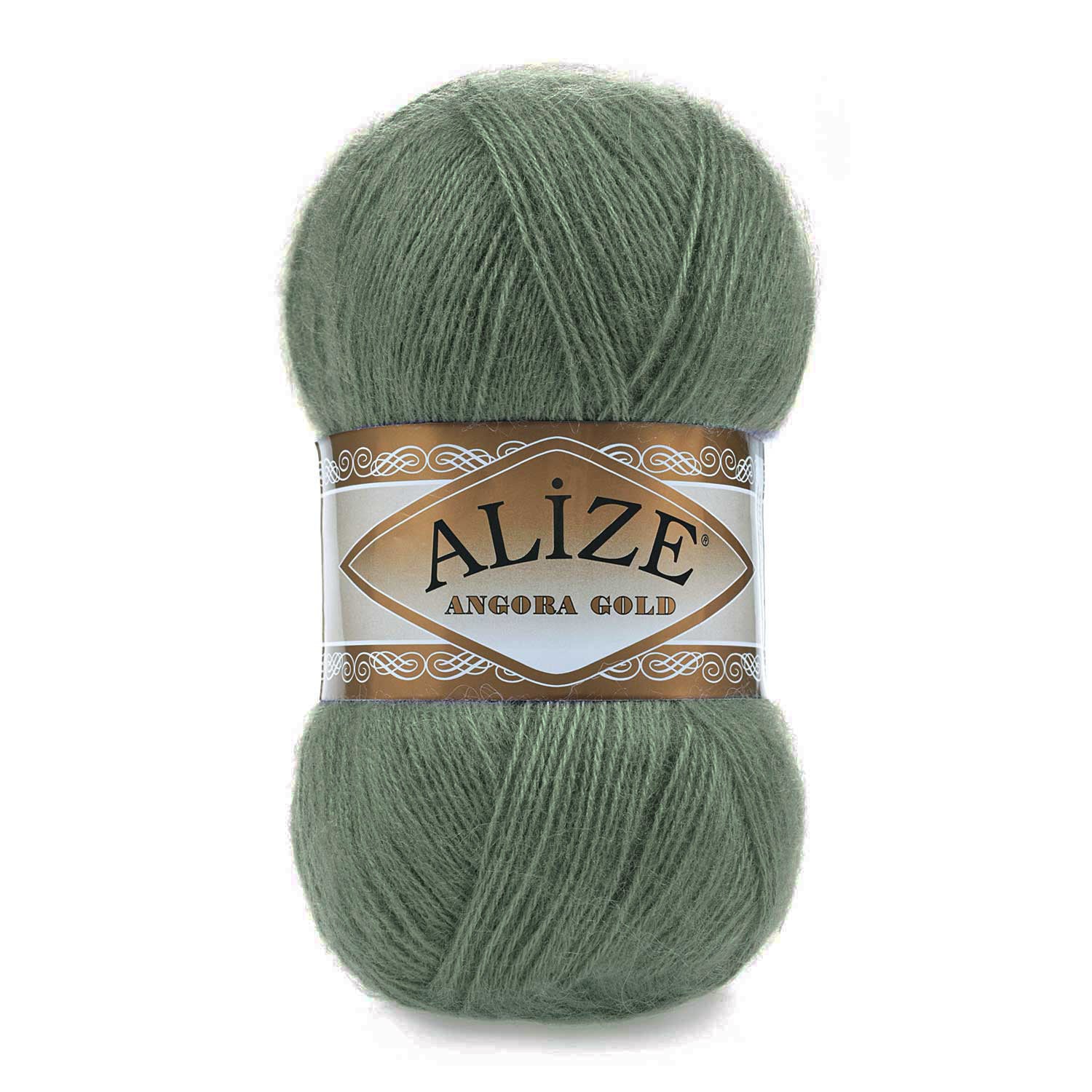 Zu sehen ist Alize Angora Gold Wolle in einem warmen Mandelgrün; weiches, leicht flauschiges Strickgarn, ideal für Pullover, Schals und kreative Handarbeitsprojekte.