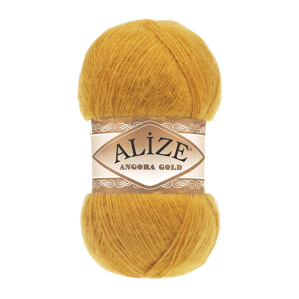 Zu sehen ist Alize Angora Gold Wolle in einem warmen Gold‑/Gelbton; weiches, leicht flauschiges Strickgarn, ideal für Pullover, Schals und kreative Handarbeitsprojekte.