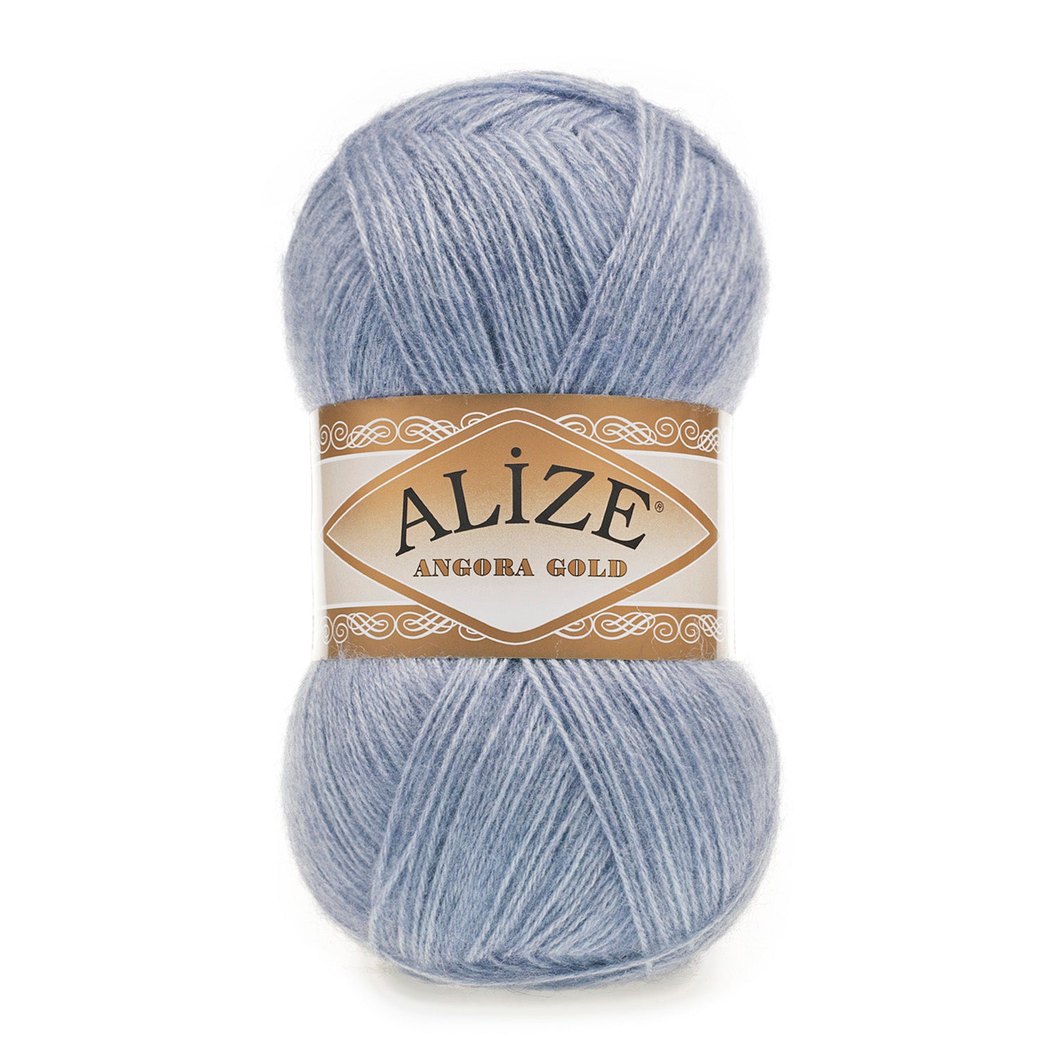 Zu sehen ist Alize Angora Gold Wolle in einem klassischen Jeansblau; weiches, leicht flauschiges Strickgarn, ideal für Pullover, Schals und kreative Handarbeitsprojekte.