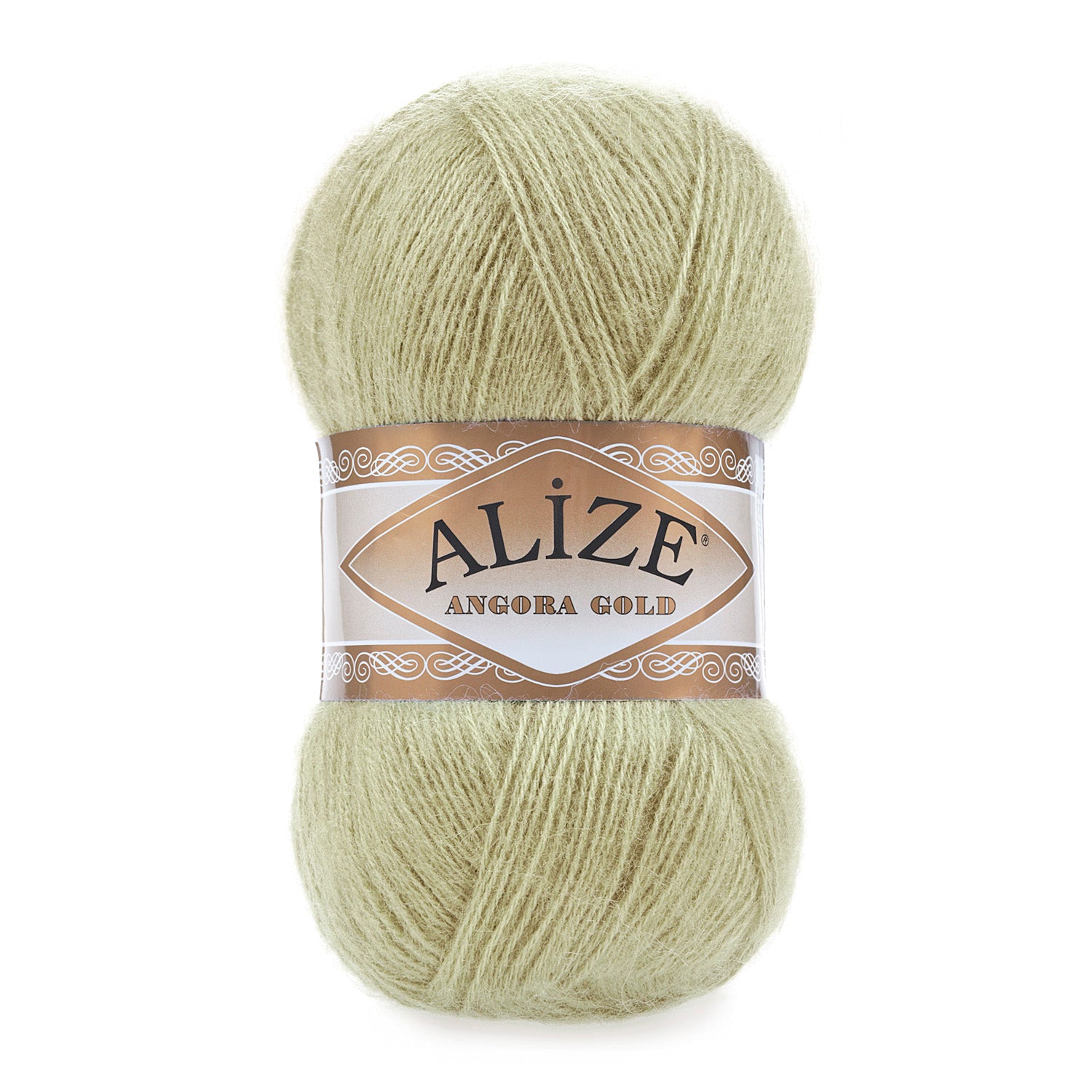 Zu sehen ist Alize Angora Gold Wolle in einem zarten Pastellgrün; weiches, leicht flauschiges Strickgarn, ideal für Pullover, Schals und kreative Handarbeitsprojekte.