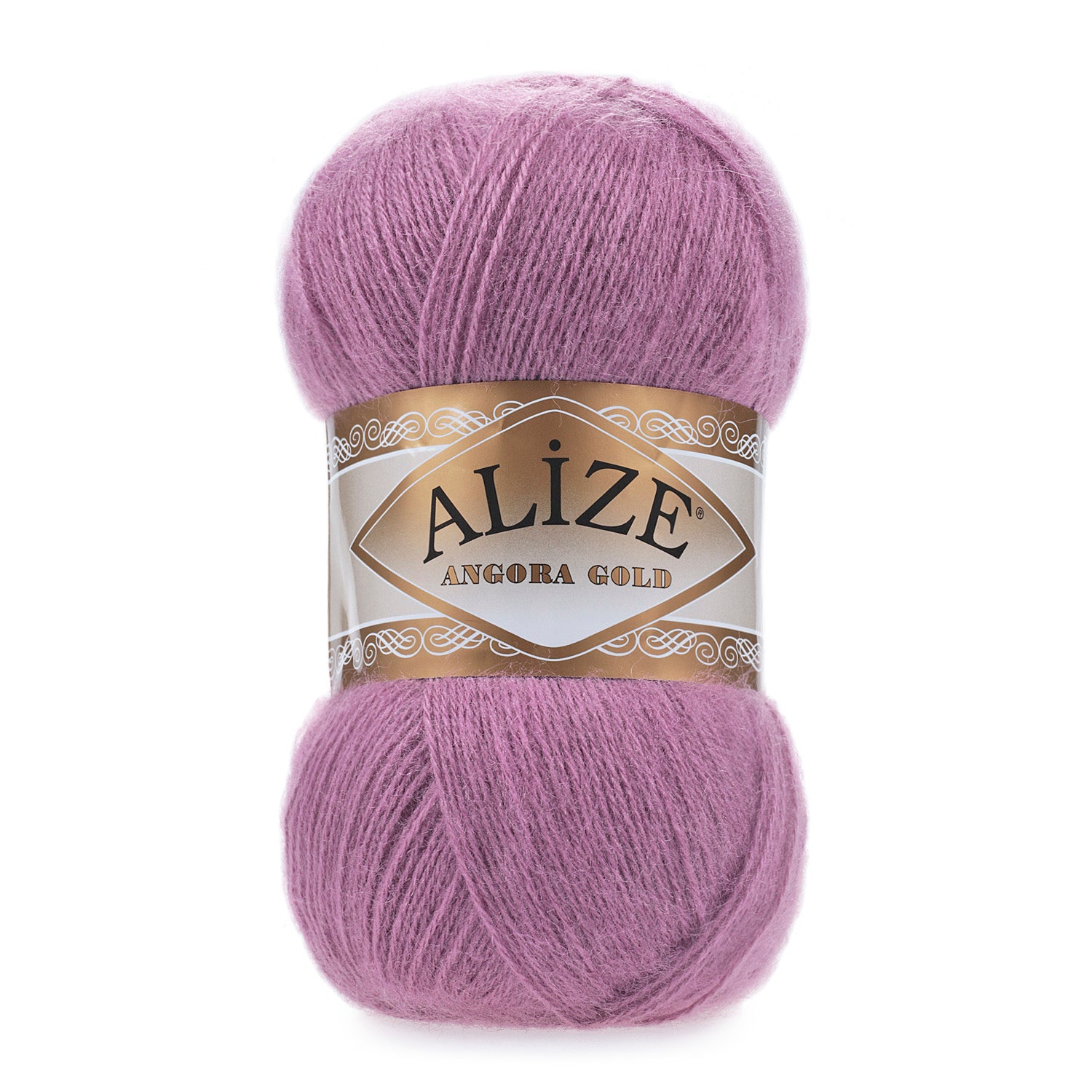 Zu sehen ist Alize Angora Gold Wolle in einem kräftigen Lila-Pinkton; weiches, leicht flauschiges Strickgarn, ideal für Pullover, Schals und kreative Handarbeitsprojekte.