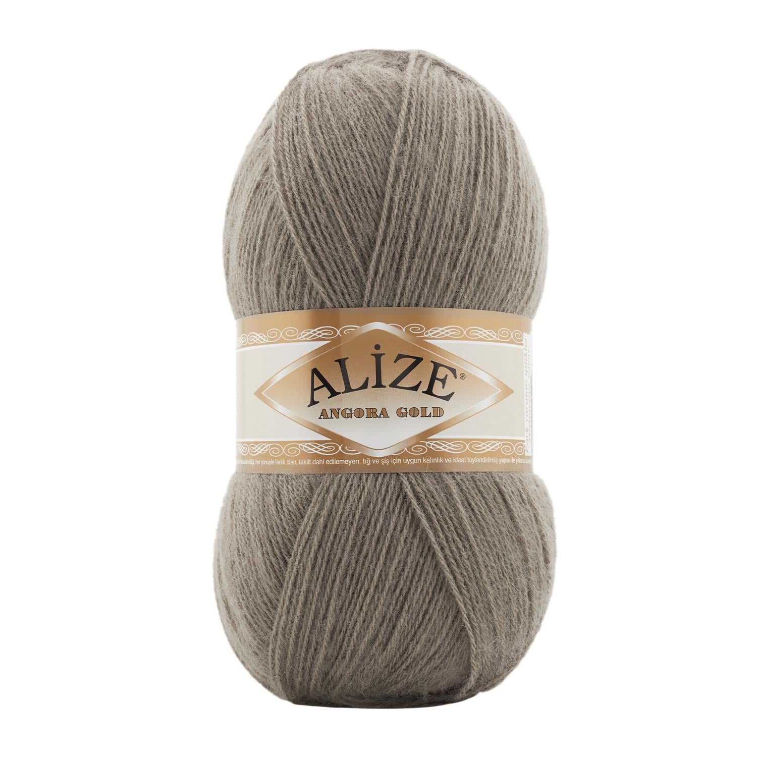 Zu sehen ist Alize Angora Gold Wolle in einem beigen Grauton; weiches, leicht flauschiges Strickgarn, ideal für Pullover, Schals und kreative Handarbeitsprojekte.