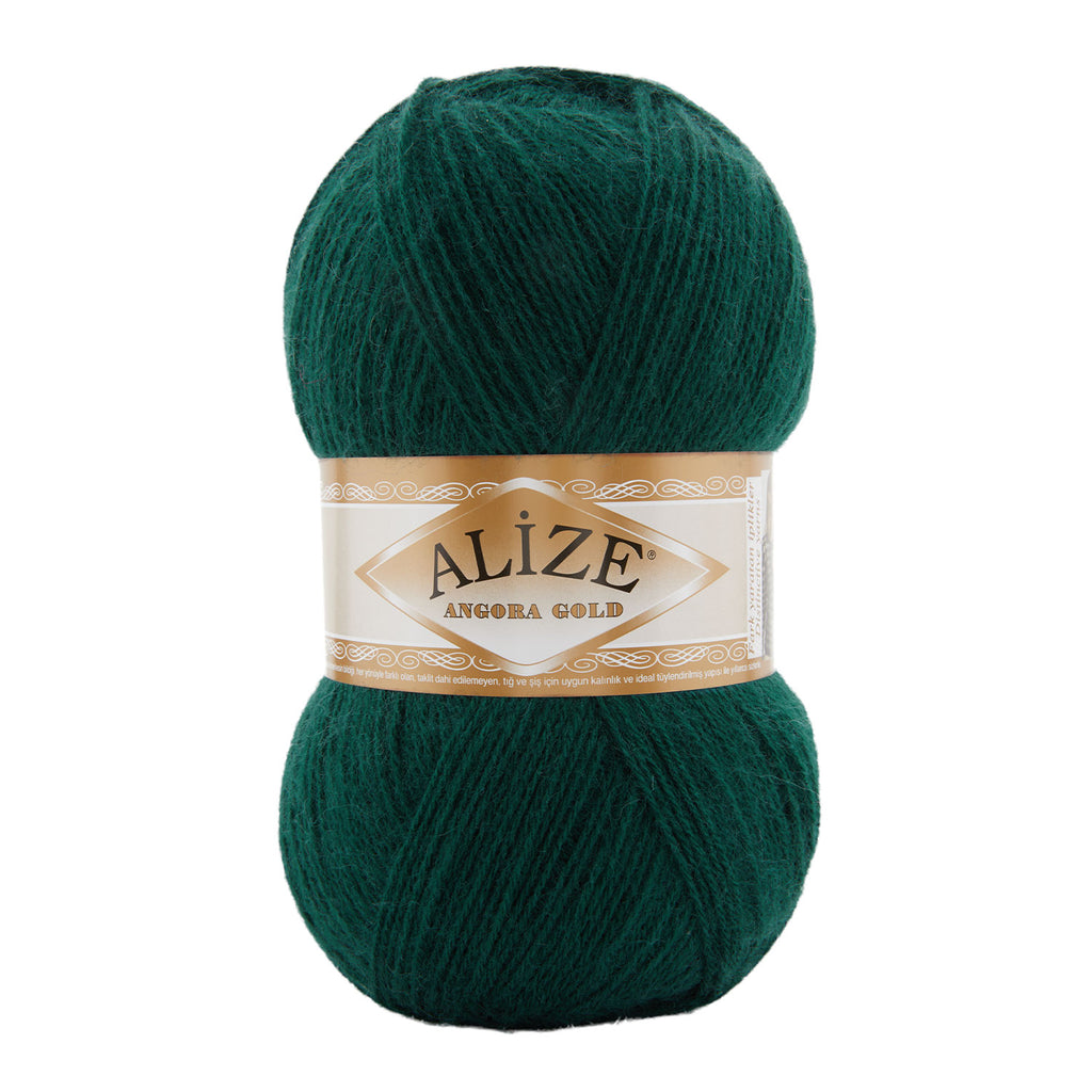Zu sehen ist Alize Angora Gold Wolle in einem dunklen Grünton; weiches, leicht flauschiges Strickgarn, ideal für Pullover, Schals und kreative Handarbeitsprojekte.