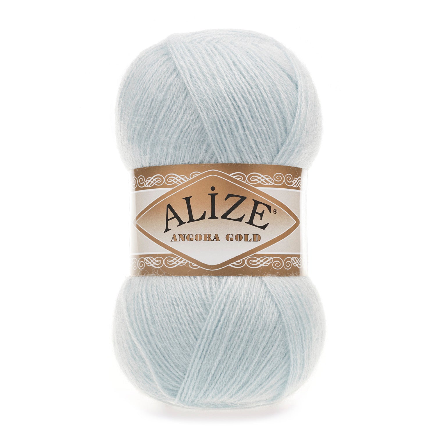 Zu sehen ist Alize Angora Gold Wolle in einem zarten eisblau; weiches, leicht flauschiges Strickgarn, ideal für Pullover, Schals und kreative Handarbeitsprojekte.