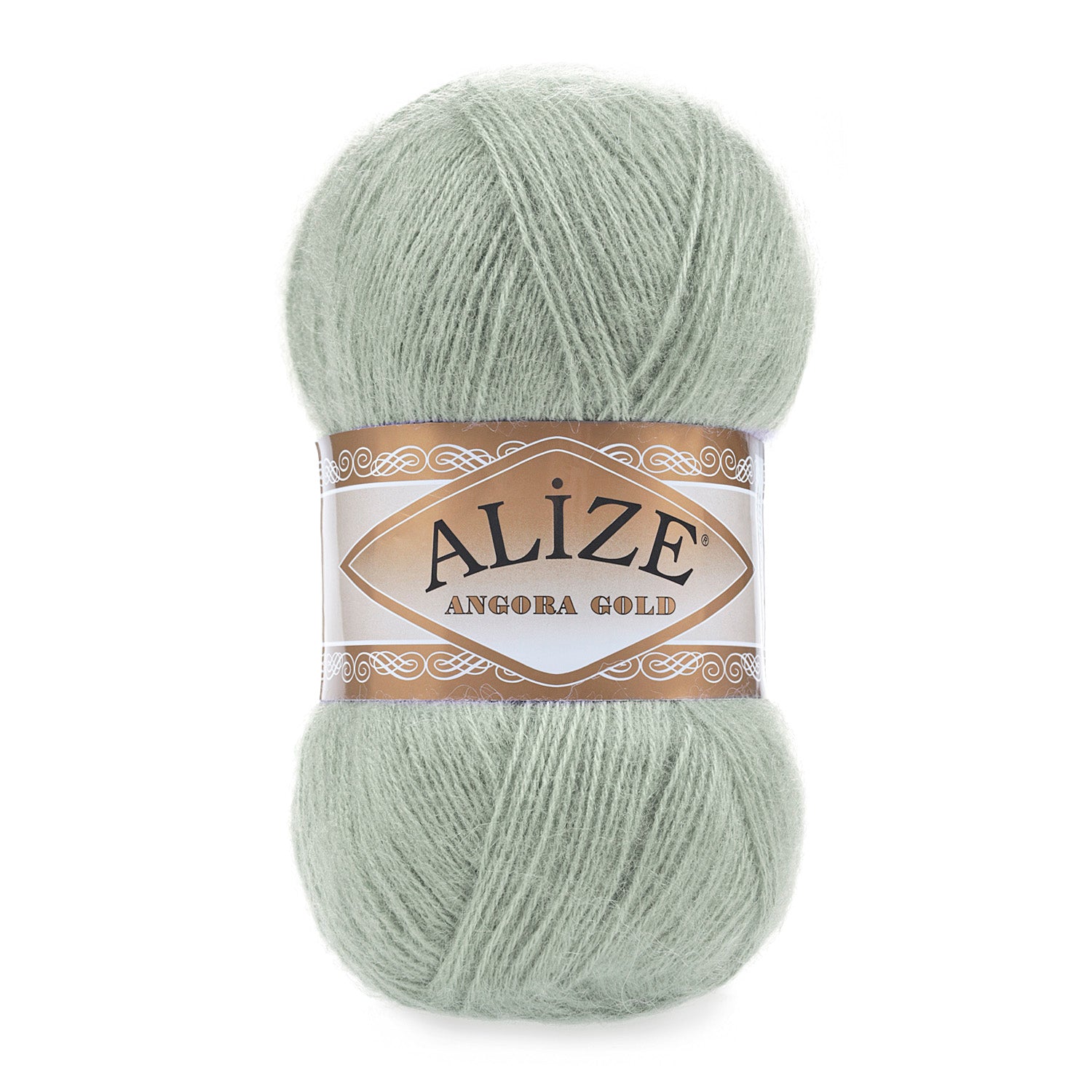 Zu sehen ist Alize Angora Gold Wolle in einem zarten Pastell‑/Salbeigrünton; weiches, leicht flauschiges Strickgarn, ideal für Pullover, Schals und kreative Handarbeitsprojekte.