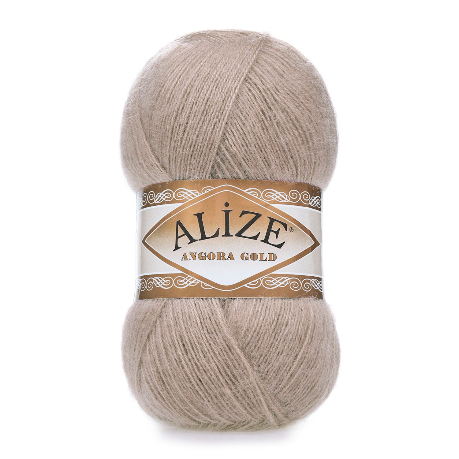 Zu sehen ist Alize Angora Gold Wolle in einem warmen Mink‑Beigeton; weiches, leicht flauschiges Strickgarn, ideal für Pullover, Schals und kreative Handarbeitsprojekte.