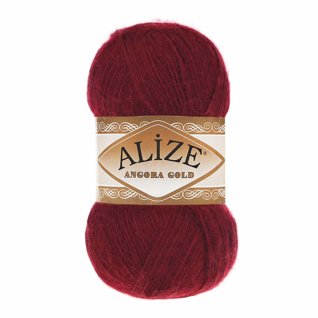 Zu sehen ist Alize Angora Gold Wolle in einem kräftigen Bordoton; weiches, leicht flauschiges Strickgarn, ideal für Pullover, Schals und kreative Handarbeitsprojekte.