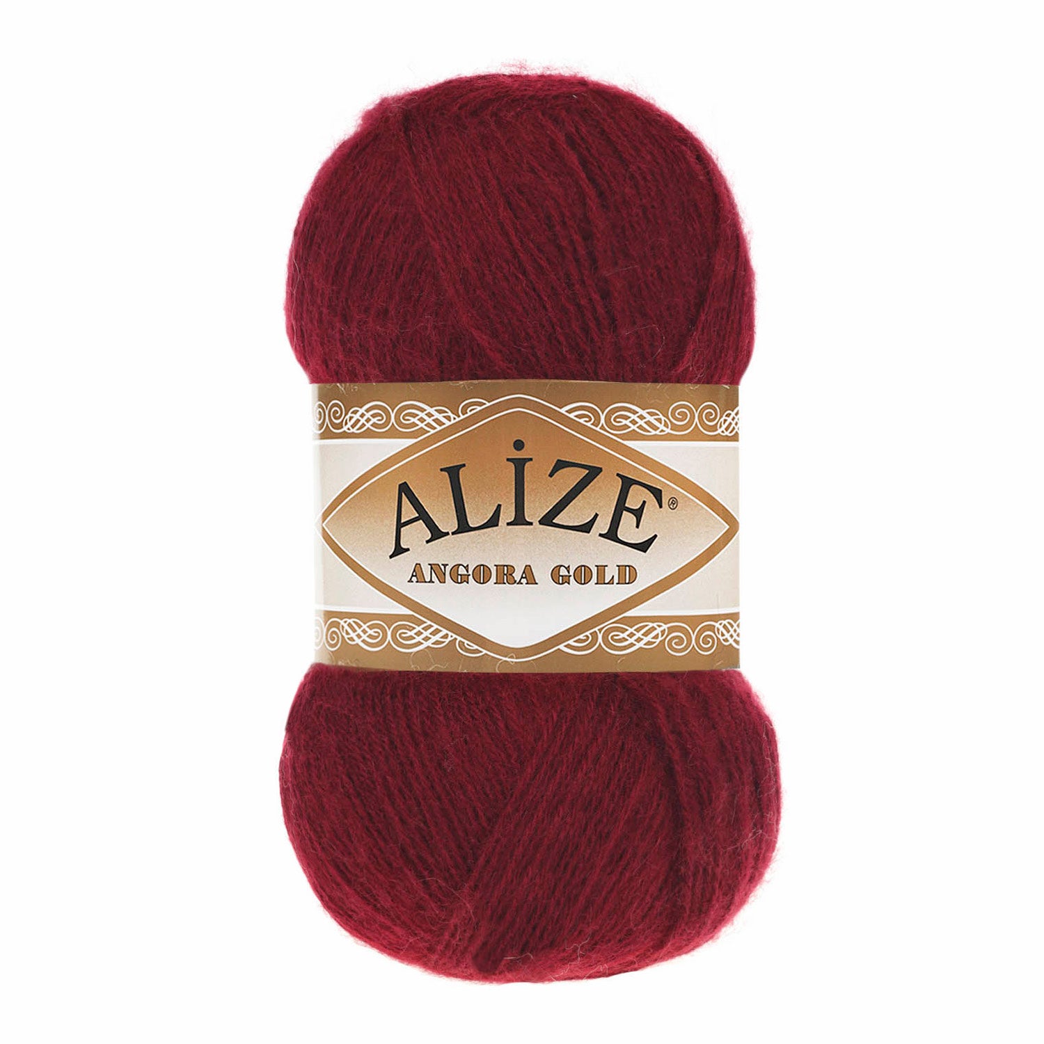 Zu sehen ist Alize Angora Gold Wolle in einem kräftigen Bordoton; weiches, leicht flauschiges Strickgarn, ideal für Pullover, Schals und kreative Handarbeitsprojekte.