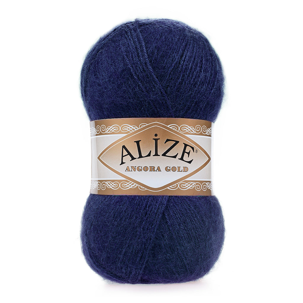Zu sehen ist Alize Angora Gold Wolle in einem tiefen Navy‑Blau; weiches, leicht flauschiges Strickgarn, ideal für Pullover, Schals und kreative Handarbeitsprojekte.