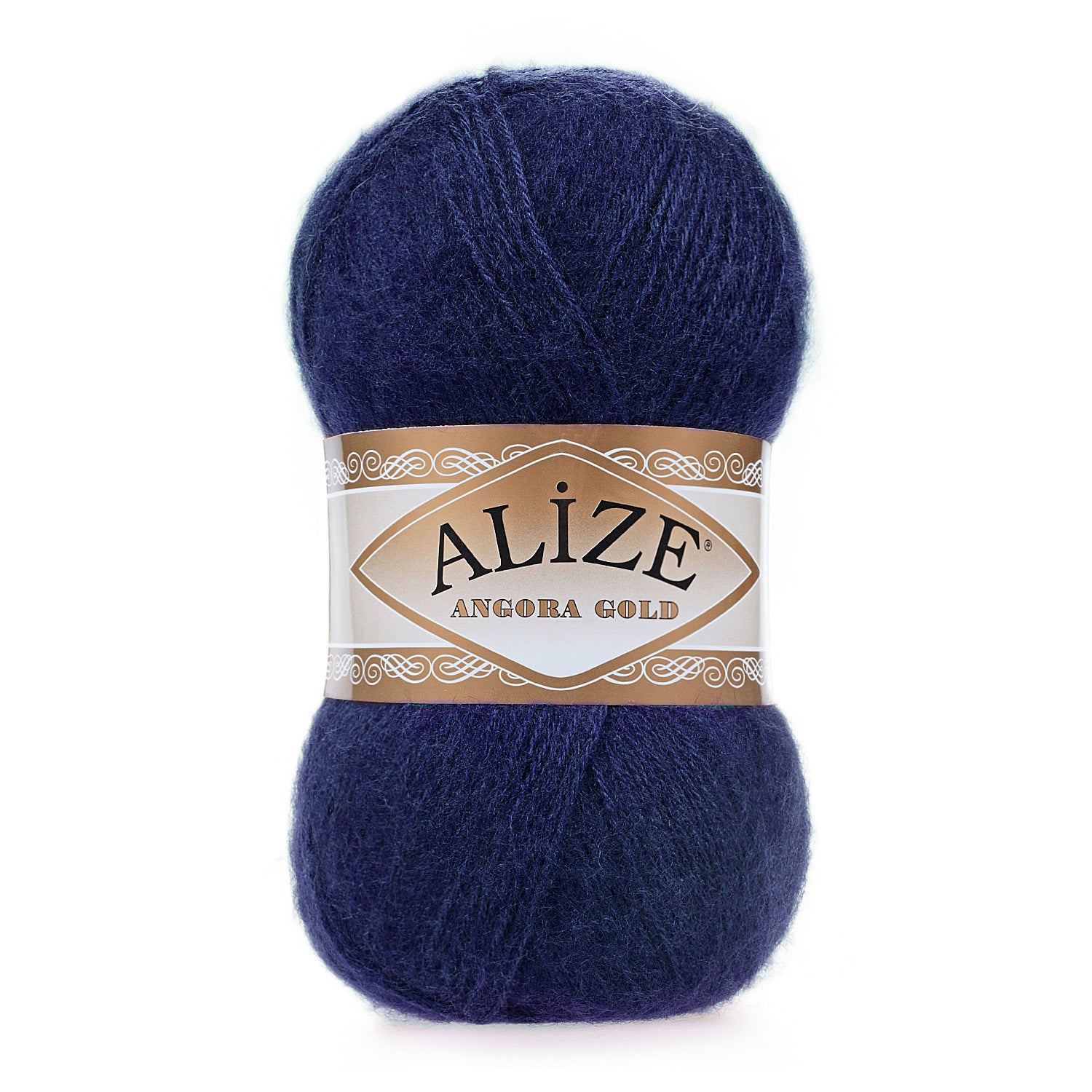 Zu sehen ist Alize Angora Gold Wolle in einem tiefen Navy‑Blau; weiches, leicht flauschiges Strickgarn, ideal für Pullover, Schals und kreative Handarbeitsprojekte.