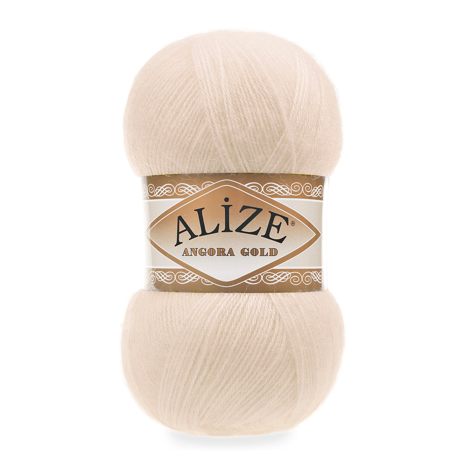 Zu sehen ist die Alize Angora Gold Wolle in einem warmen cremig‑goldenen Ton; weiches, leicht flauschiges Strickgarn, ideal für Pullover, Schals und kreative Handarbeitsprojekte.