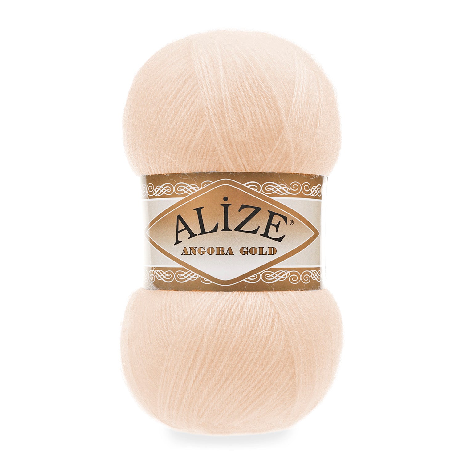 Zu sehen ist Alize Angora Gold Wolle in einem zarten rosé‑orangeton; weiches, leicht flauschiges Strickgarn, ideal für Pullover, Schals und kreative Handarbeitsprojekte.