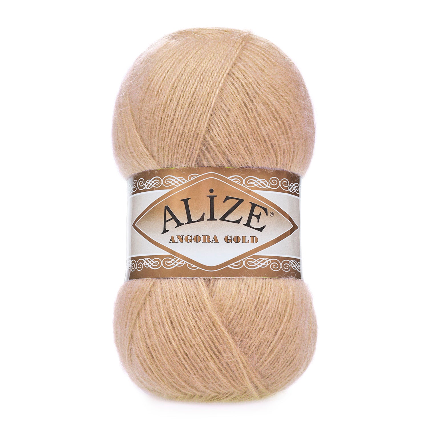 Zu sehen ist Alize Angora Gold Wolle in einem warmen Camel‑/beige‑braunen Ton; weiches, leicht flauschiges Strickgarn, ideal für Pullover, Schals und kreative Handarbeitsprojekte.