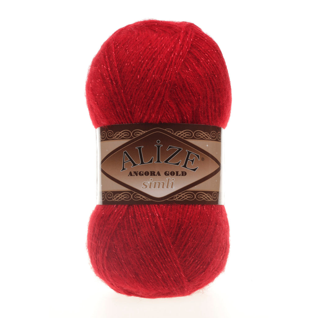 Zu sehen ist Alize Angora Gold Simli Wolle in einem intensiven, kräftigen Rotton, weiches Strickgarn mit Glitzerfaden für Pullover und Schals.