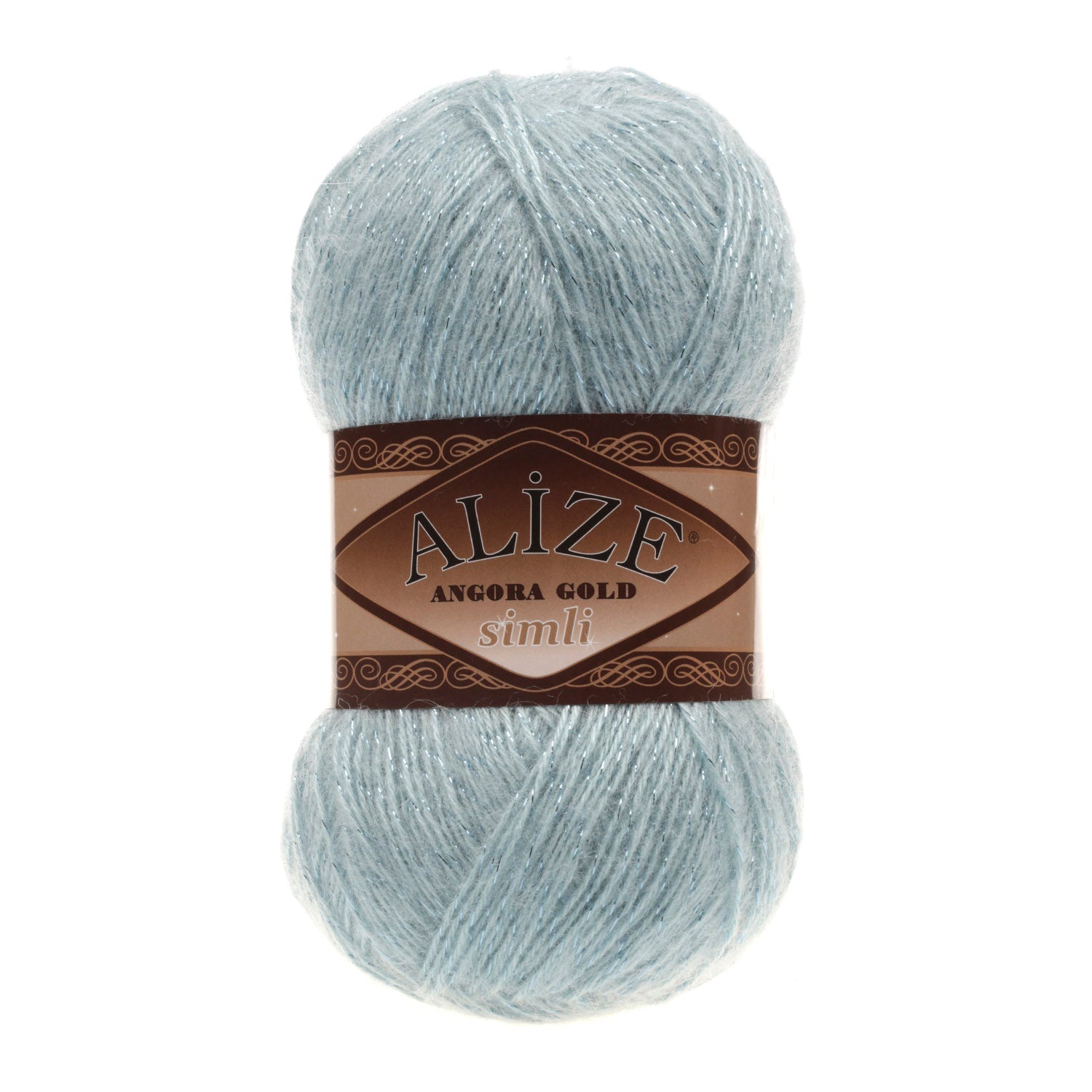 Zu sehen ist Alize Angora Gold Simli Wolle in einem hellen Aqua-Ton, weiches Strickgarn mit Glitzerfaden für Pullover und Schals.
