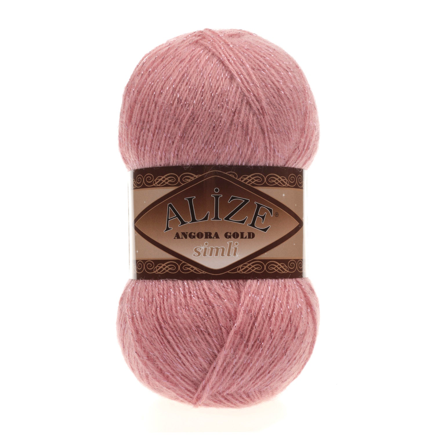 Zu sehen ist Alize Angora Gold Simli Wolle in einem zarten Rouge-Ton, weiches Strickgarn mit Glitzerfaden für Pullover und Schals.