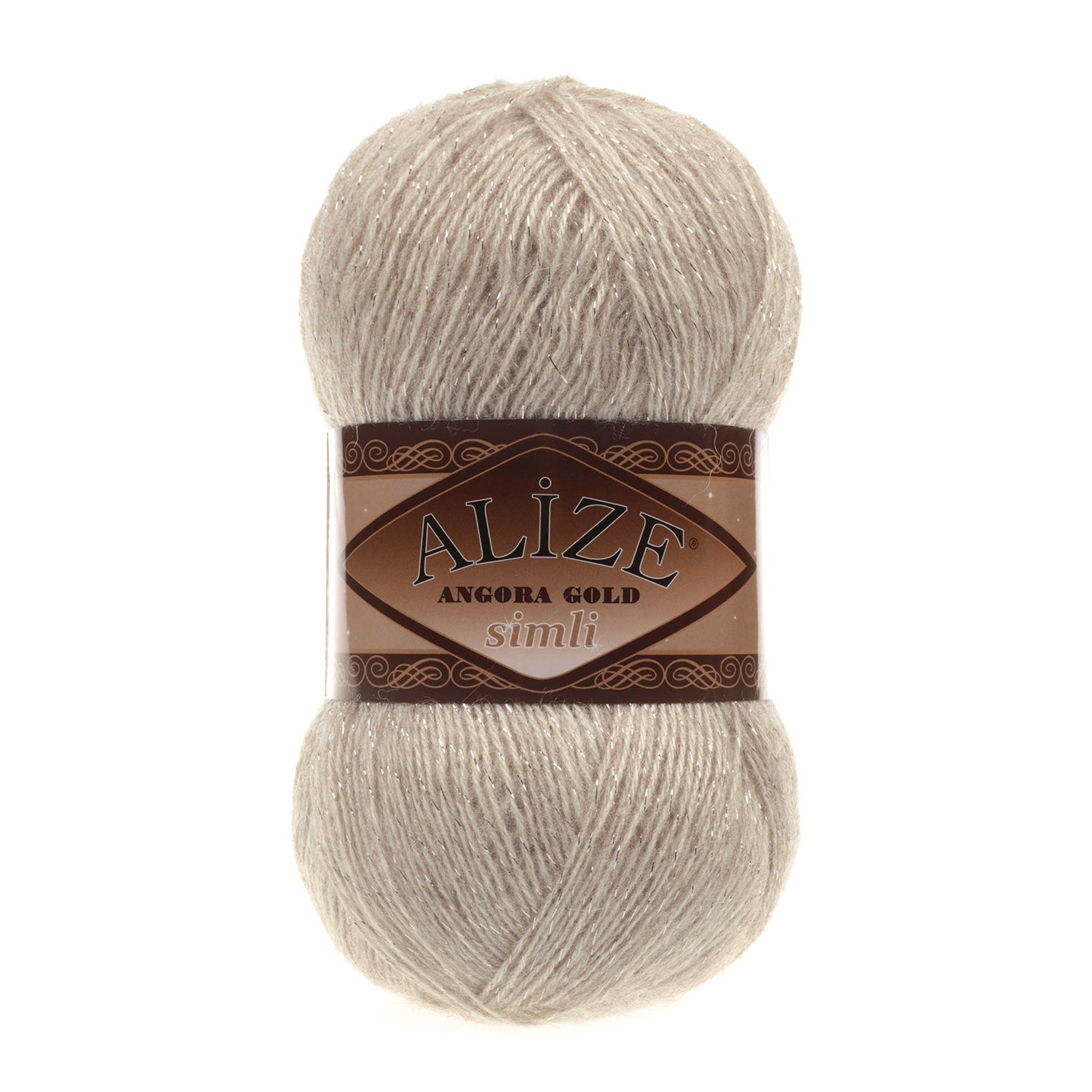 Zu sehen ist Alize Angora Gold Simli Wolle in einem warmen, beigefarbenen Melange‑Ton mit feinem, schimmerndem Glanz durch eingearbeitete metallische Fäden. Das weiche, flauschige Strickgarn eignet sich ideal für Pullover, Schals und vielseitige Handarbeitsprojekte.