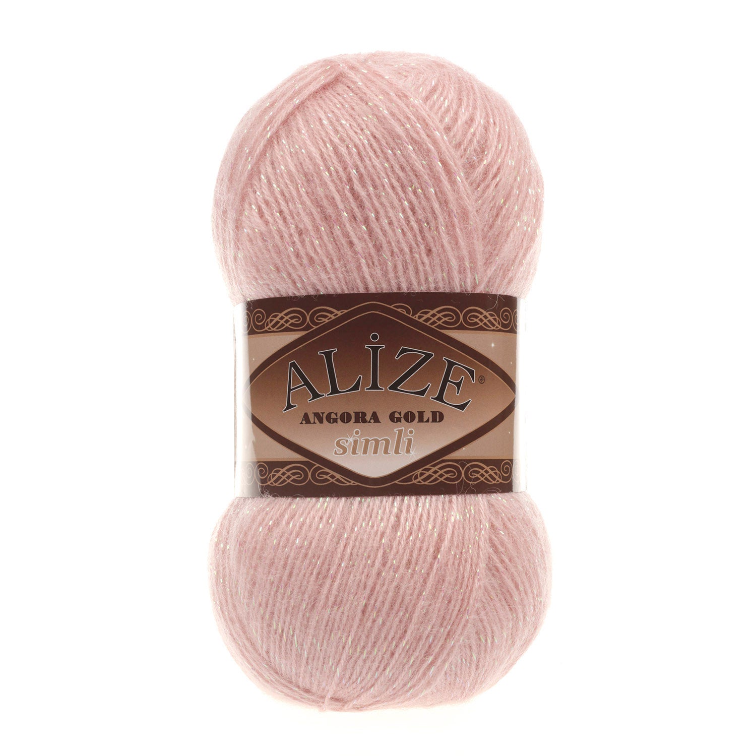 Zu sehen ist Alize Angora Gold Simli Wolle in einem zarten Puderton (Rosé), weiches Strickgarn mit Glitzerfaden für Pullover und Schals.