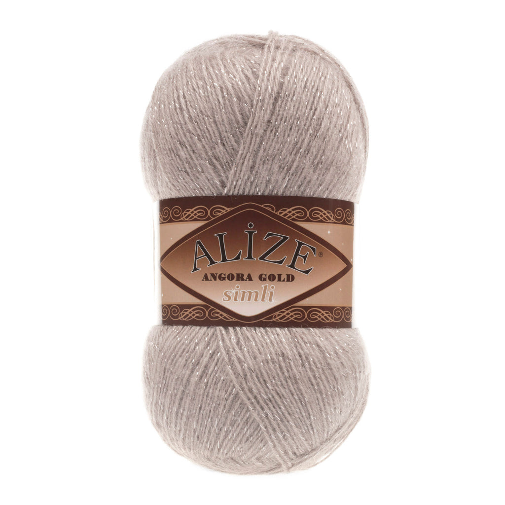 Zu sehen ist Alize Angora Gold Simli Wolle in warmem Mink-Sandton, weiches Strickgarn für Pullover, Schals und vielseitige Handarbeitsprojekte.