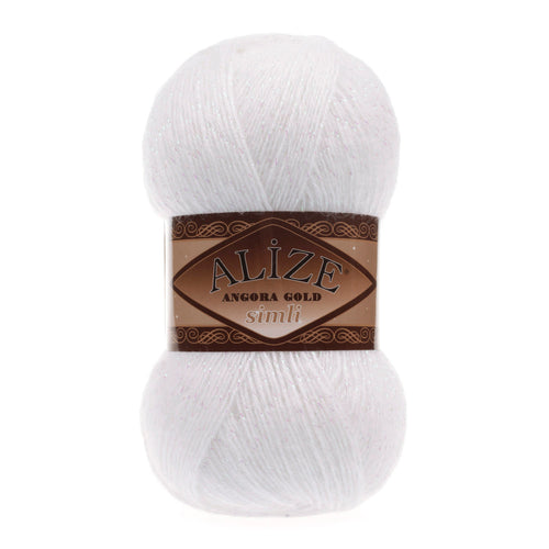 Zu sehen ist Alize Angora Gold Simli Wolle in klassischem Weiß, weiches Strickgarn mit Glitzerfaden für Pullover und Schals.