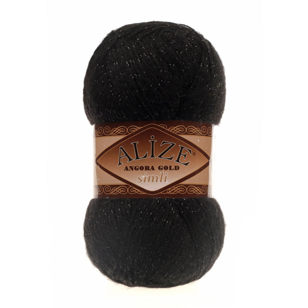 Zu sehen ist Alize Angora Gold Simli Wolle in klassischem Schwarz, weiches Strickgarn mit Glitzerfaden für Pullover und Schals.