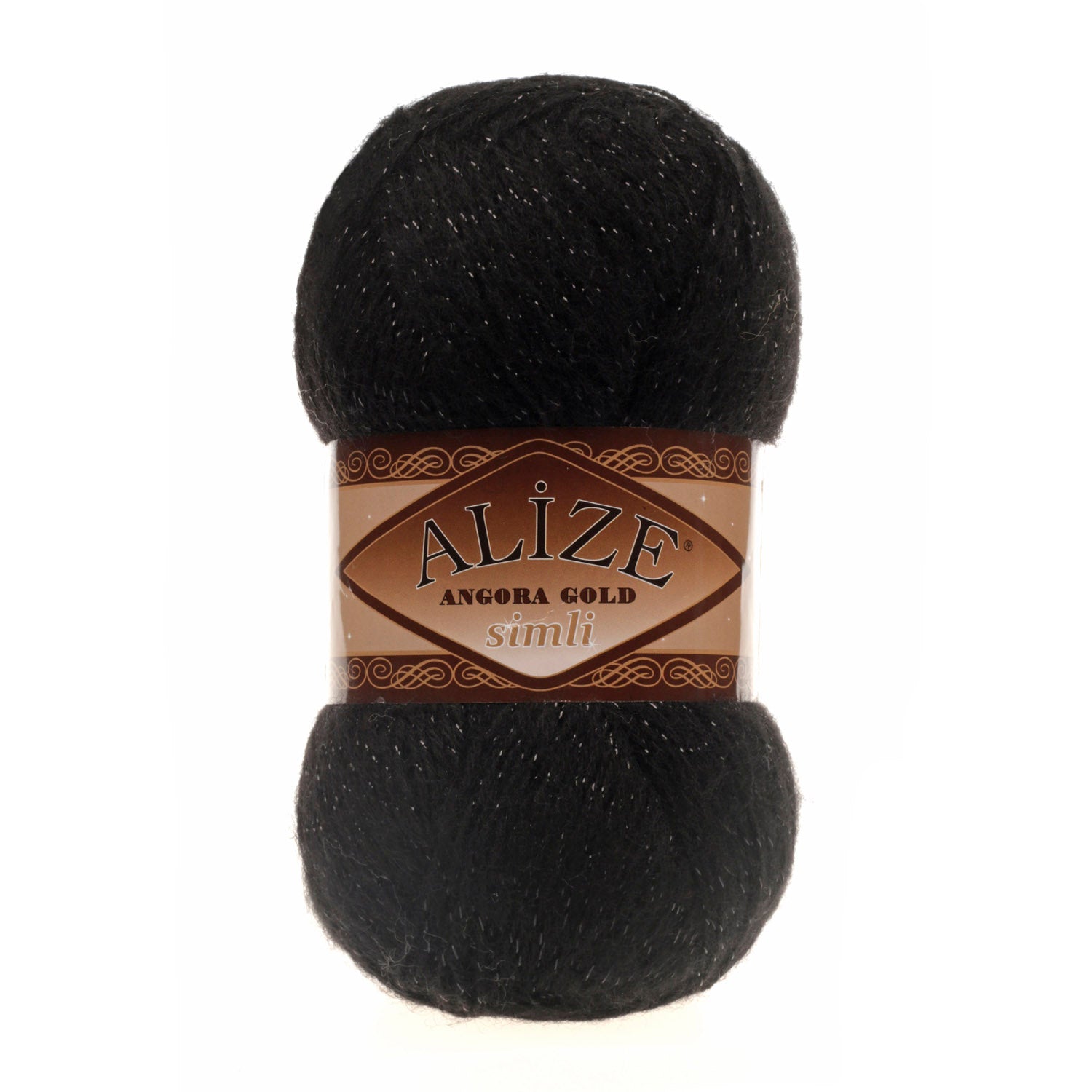 Zu sehen ist Alize Angora Gold Simli Wolle in klassischem Schwarz, weiches Strickgarn mit Glitzerfaden für Pullover und Schals.