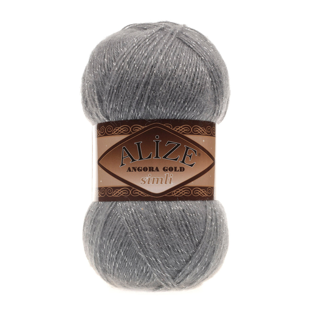 Zu sehen ist Alize Angora Gold Simli Wolle in einem tiefen, rauchigen Dunkelgrau mit leichtem, elegantem Glanz durch feine metallische Fäden. Das weiche, flauschige Strickgarn eignet sich ideal für Pullover, Schals und vielseitige Handarbeitsprojekte.
